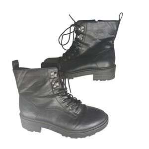 Black Combat Boots Lace Up Side Zip Lug Sole Faux Leather Womens 8.5